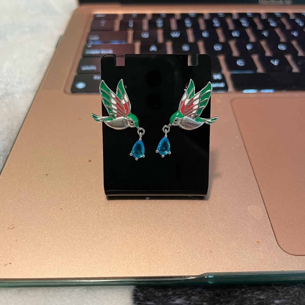 Colorful Hummingbird Earrings with Blue Drops